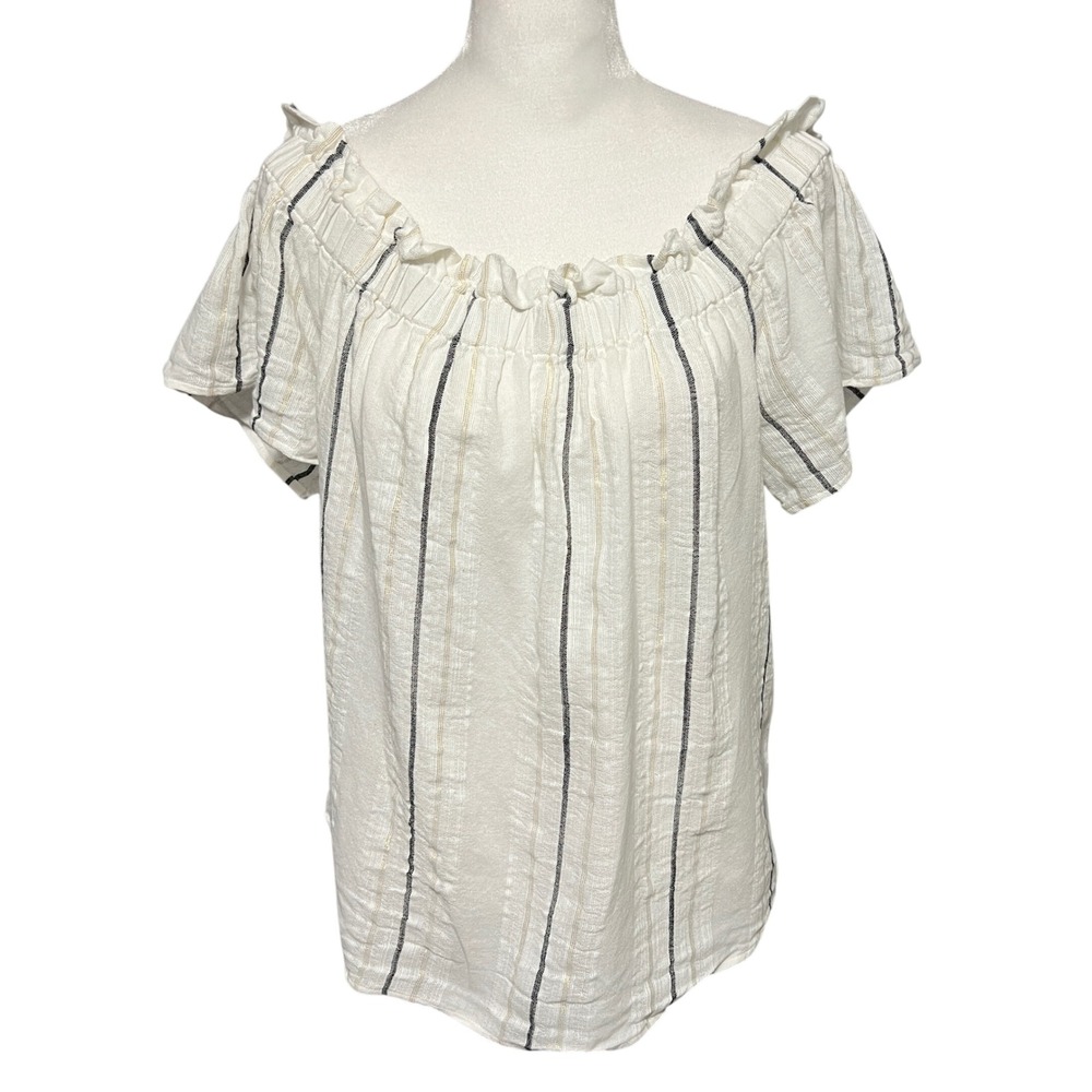 White & Black Off Shoulder Striped Ruffle Cotton Top Short Sleeve‎ Blouse Large